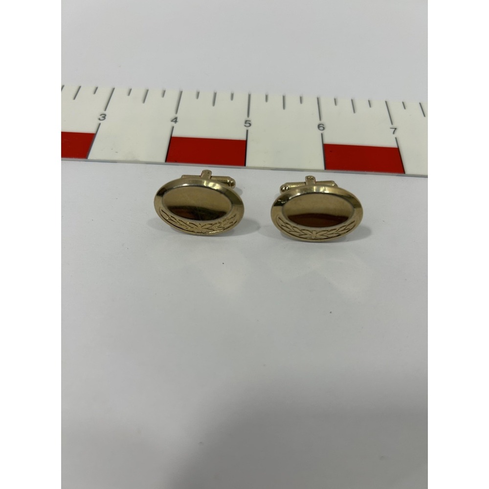 Gold Tone Cufflinks Mens Oval Engraved Wreath Whale Back Dress Shirt Formal